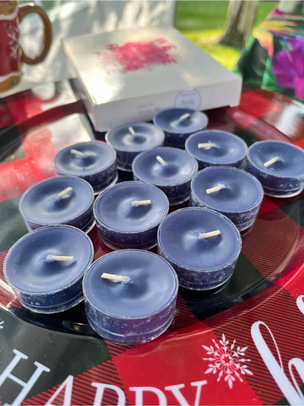 Partylite Blue Round Autumn Christmas Winter Nordic Air Tealights Candle Fir